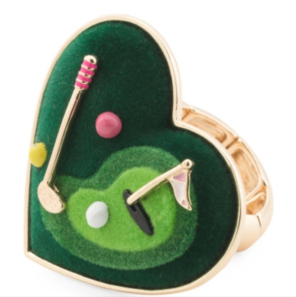⛳️🔹️Betsey Johnson🔹️ Green  Gold Plated Heart Golf  Stretch Ring